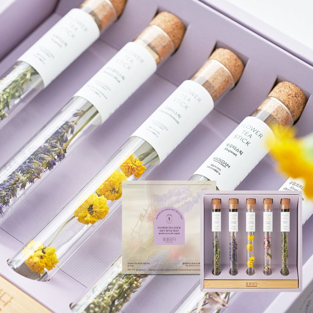KKOKDAM Flower Tea Stick Assorted Flower Teastick Gift Set & Wood Tray