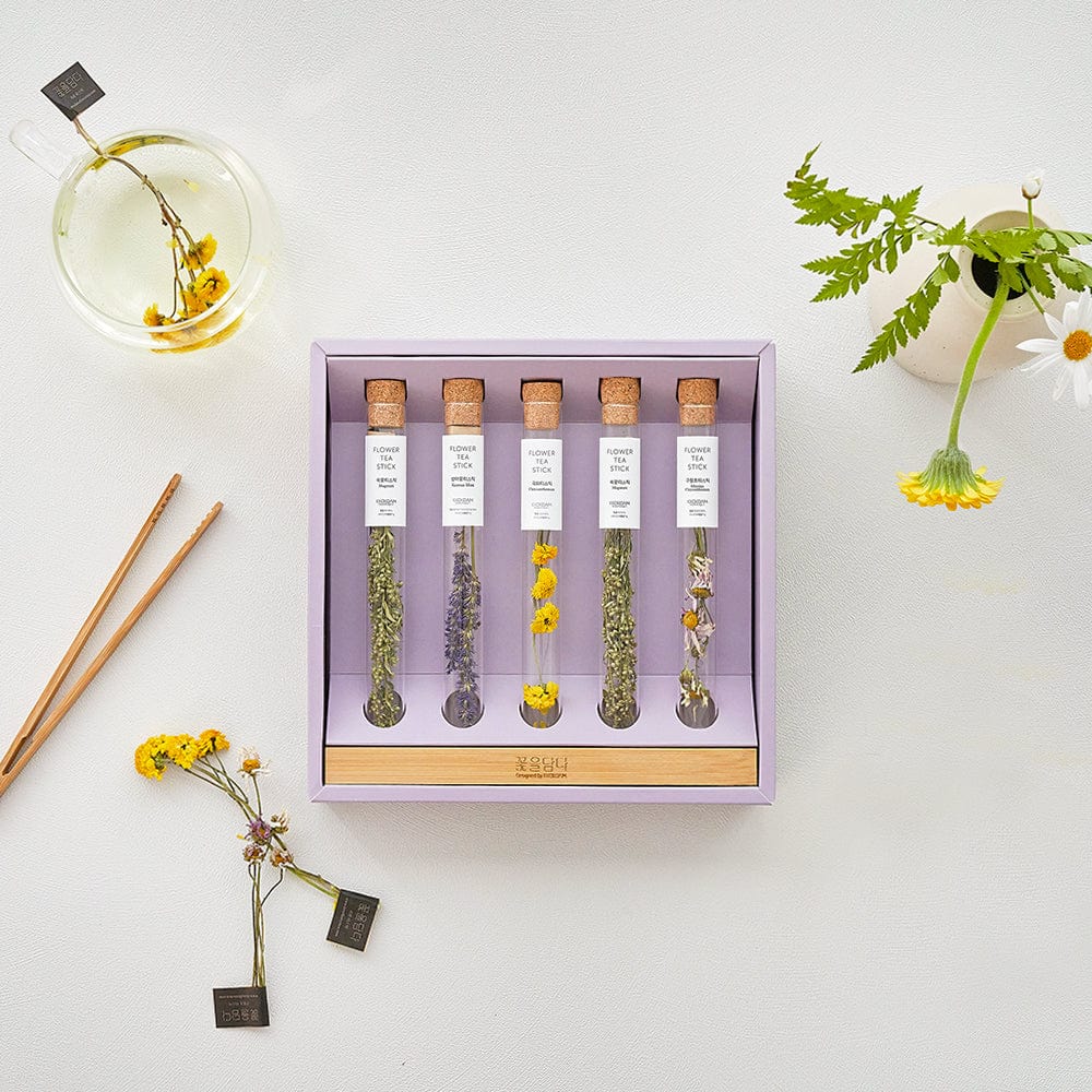 KKOKDAM Flower Tea Stick Assorted Flower Teastick Gift Set & Wood Tray