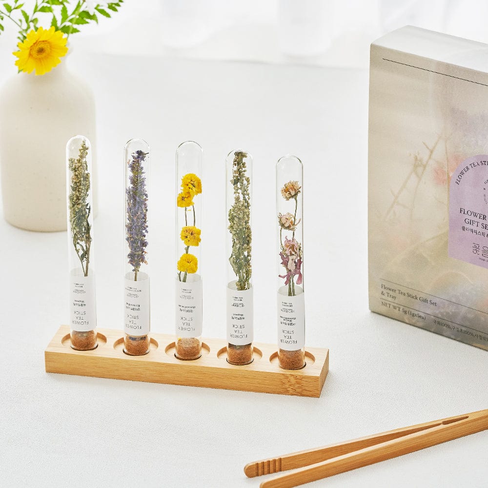KKOKDAM Flower Tea Stick Assorted Flower Teastick Gift Set & Wood Tray