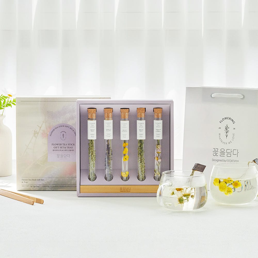 KKOKDAM Flower Tea Stick Assorted Flower Teastick Gift Set & Wood Tray