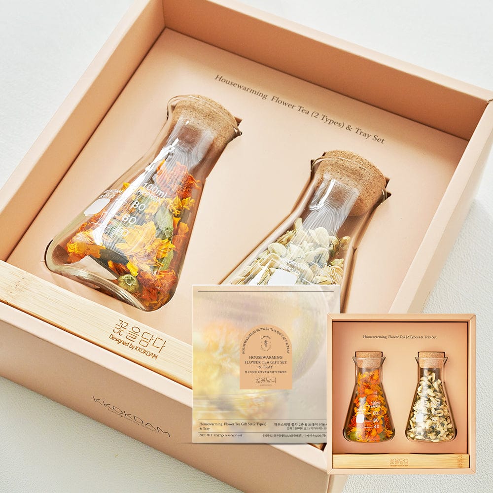 KKOKDAM Gift Set Housewarming Flower Tea & Wood Tray Set