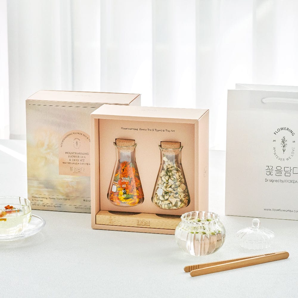 KKOKDAM Gift Set Housewarming Flower Tea & Wood Tray Set