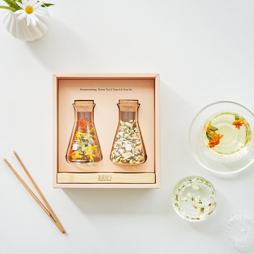 KKOKDAM Gift Set Housewarming Flower Tea & Wood Tray Set