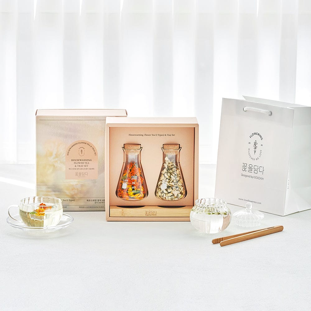 KKOKDAM Gift Set Housewarming Flower Tea & Wood Tray Set
