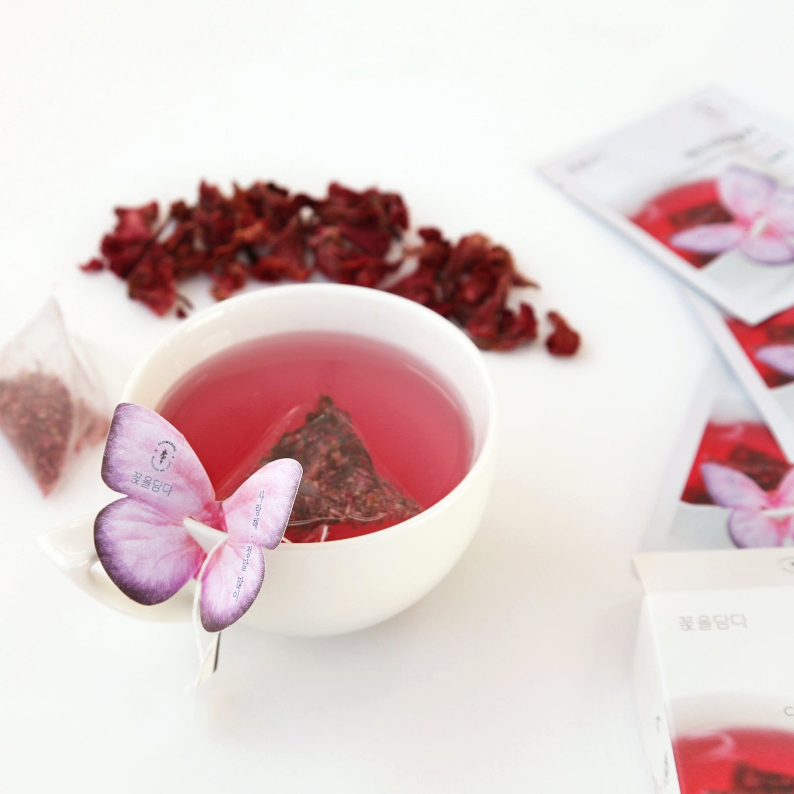 KKOKDAM Gift Set 3 Butterfly flower Tea bag(Pink Box)&Teapot Gift Set