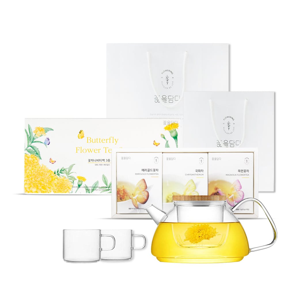 KKOKDAM Gift Set 3 Butterfly flower Tea bag(Yellow Box)&Teapot Gift Set
