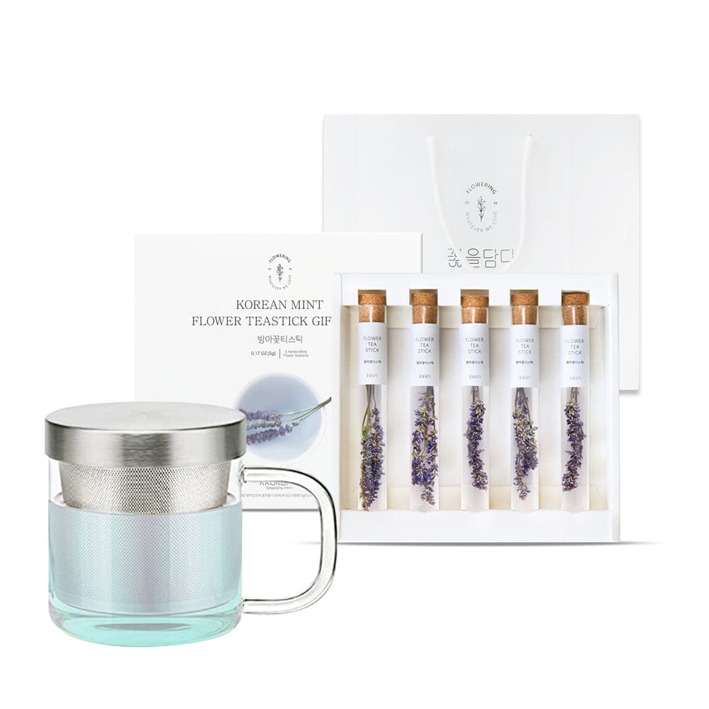 KKOKDAM Gift Set Korean Mint Flower Tea Stick & Glass Mug Gift Set